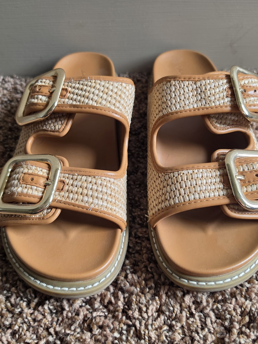 Universal Thread Tan Woven Double-Buckle Slide Sandals